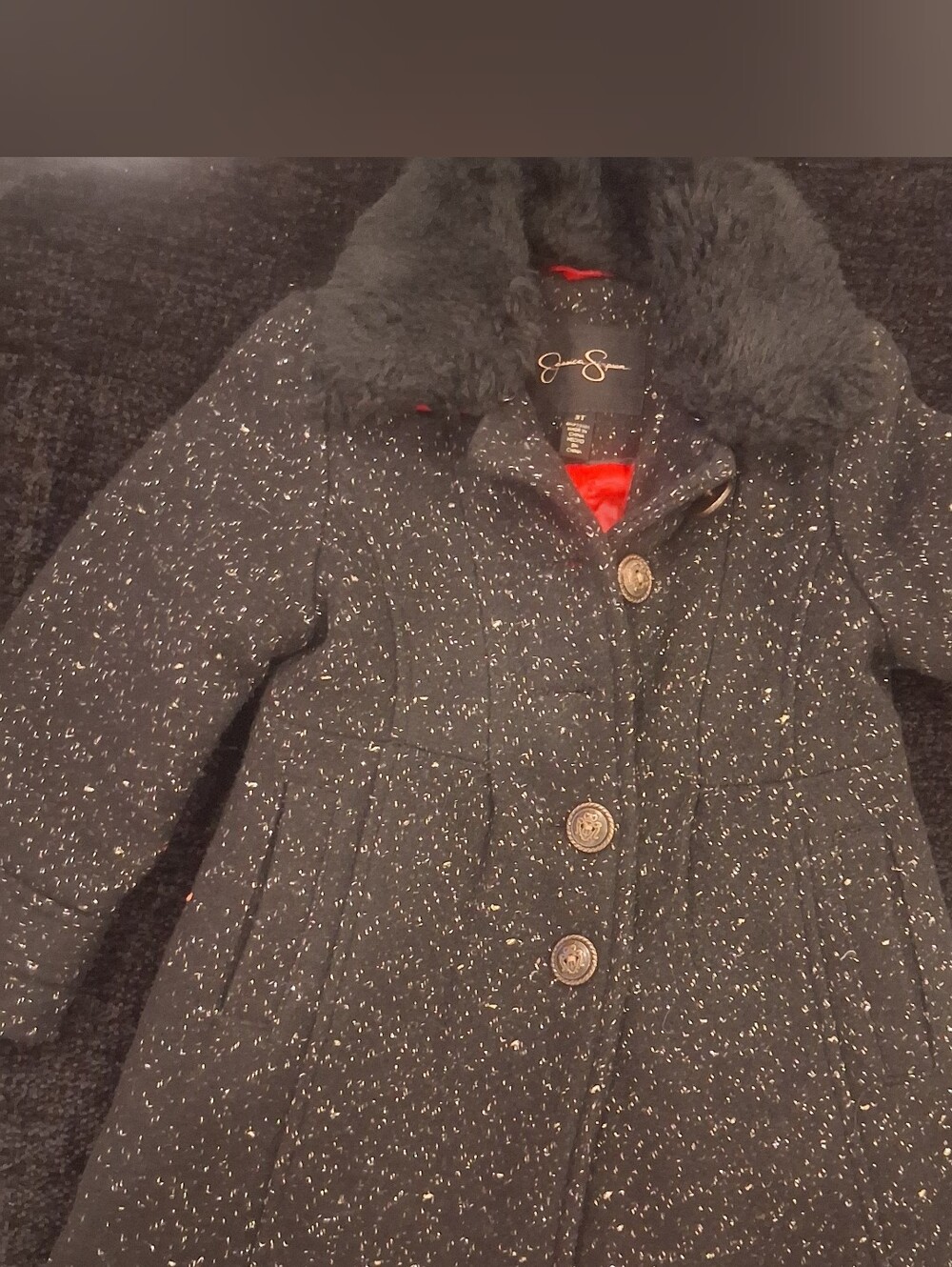 Girls Jessica Simpson Black Speckled Tweed Pea Coat with Faux Fur Collar